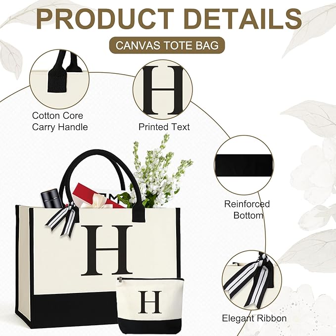 Personalized Canvas Tote Bag for Women Makeup Pouch Initial Beach Bag Removable Bottom Board for Travel Birthday