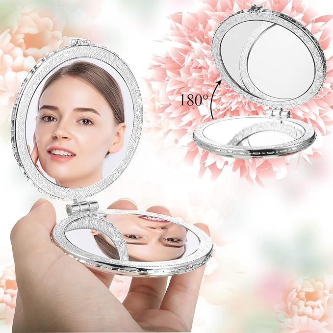 Blulu 9 Pcs Vintage Floral Compact Mirror for Purse Bulk Small Folding Pocket Mirror Portable for Women Christmas Makeup Beauty Gifts, Round Square Heart(Silver,Peony Pattern)