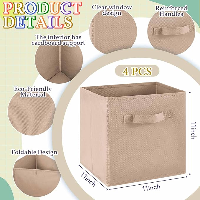 Yinder 4 Pcs Cube Storage Bin Brown 11'' Storage Bins for Playroom Decor Colorful Bins for Kids Foldable Baskets for Nursery Organizer Boxes Fabric Boxes