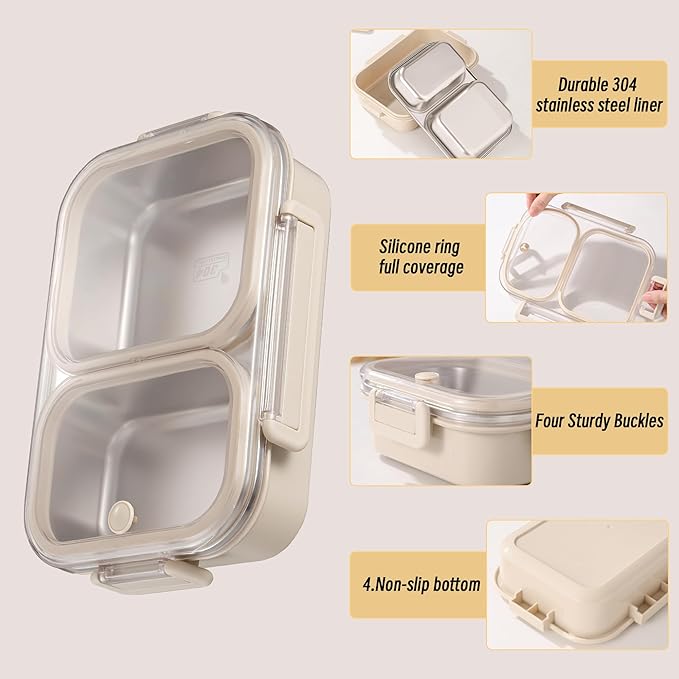 Stainless Steel Lunch Box with 2 Compartments, Leakproof, 30.5 oz Food Storage Containers, Bento Box for Adults,Men,Women(Beige)