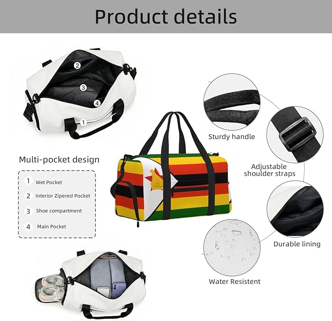 Flag of Zimbabwe Print Gym Bag with Shoe Compartment for Women Men, 17.7in Sports Duffle Weekender Tote, Overnight Travel Duffel Bag Carry On