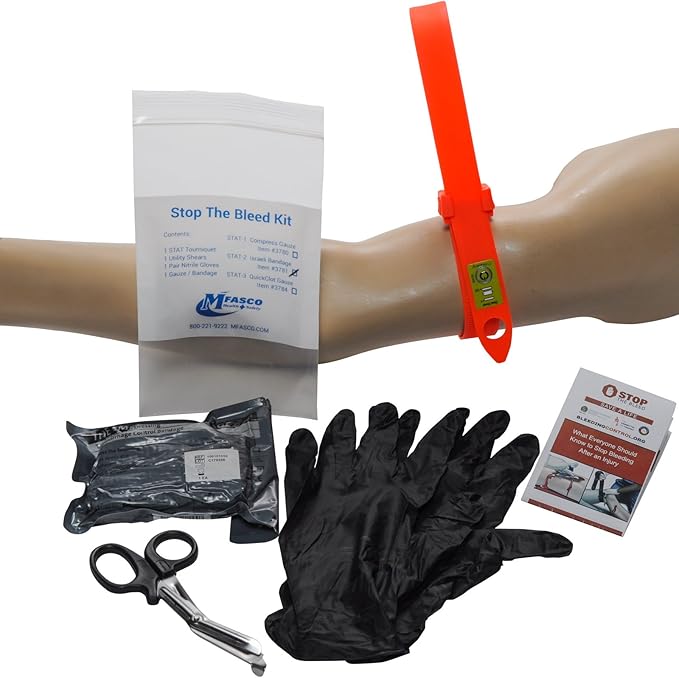 MFASCO Stop The Bleed Personal Pack-Contains 4 Inch Military Israeli Bandage,Easy Apply STAT Tourniquet Safe for Children,for Schools,Non-Medical Use-Assembled in USA,Latex Free-6.75 x 4 x 1.5 inches