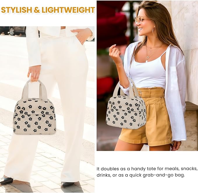 Insulated Lunch Bag for Women, Portable Lightweight Lunch Box for Adults, Reusable Small Lunch Tote Cooler Bags with Front Zipper Pocket for Work School Picnic(Corduroy Floral)