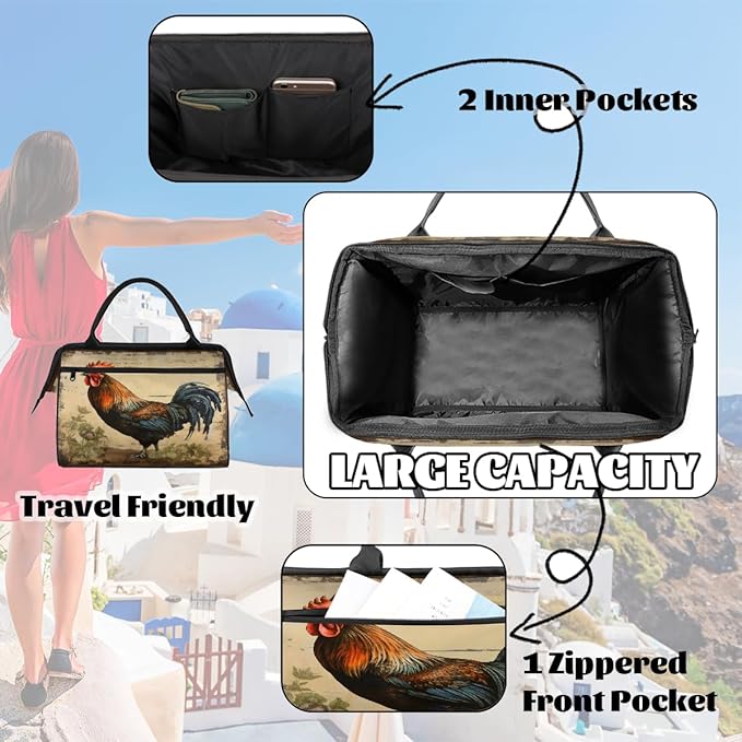 Multipurpose Duffle Bag, Waterproof Carry On Bag with Spacious Design, Retro Rooster Gym Bags, 15.2x8.3x11.6in