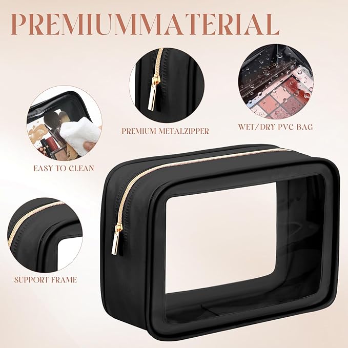 Hsei 6 Pcs Clear Makeup Bags with Color Edged TSA Approved Travel Toiletry Bags with Zipper Clear Cosmetic Bag Diaper Bag for Car Storage Organizer Wedding Essentials for Women Gift(Black)