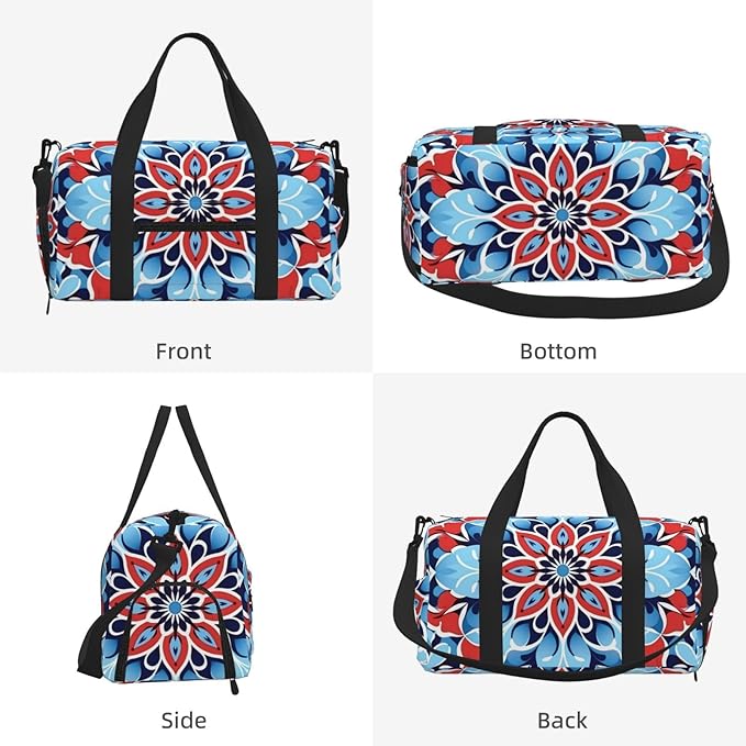 Sports Gym Bag Blue Red Mandala Ethnic Floral Travel Duffel Bag With Shoe Compartment Shoulder Strap, Lightweight Water-Resistant Weekend Overnight Totes For Women Men