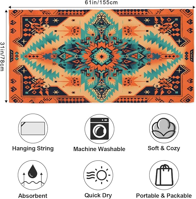 Tribal Vintage Floral Beach Towel, Large Microfiber Quick Dry Lightweight Pool Bath Towels Sand Free Beach Blanket for Summer Cruise Yoga Camping Travel Vacation Essentials 31 x 61 in