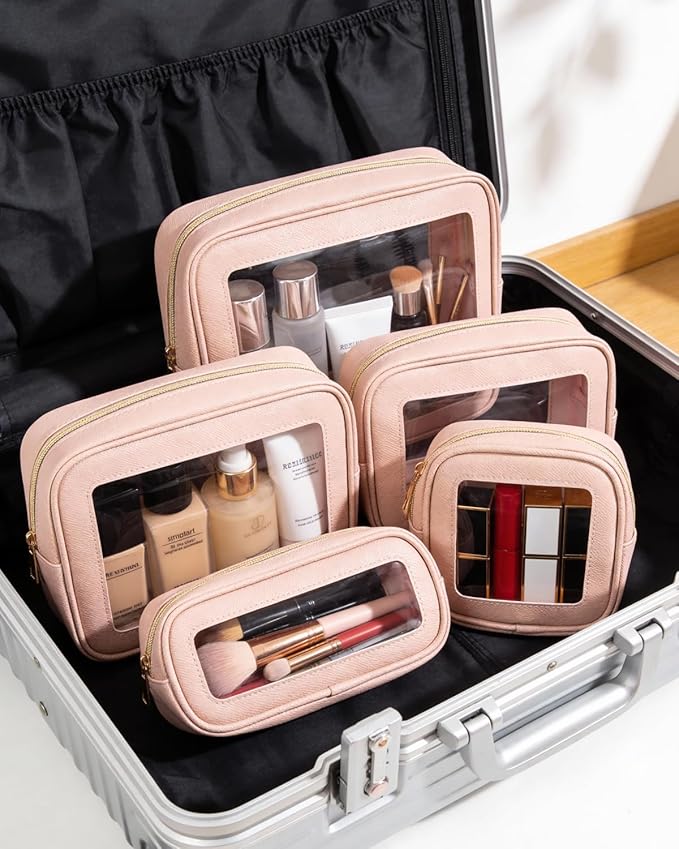 5Pcs Diaper Bag Organizer Pouch Set, Waterproof Travel Clear Makeup Bag Set for Women Small Toiletry Bag Travel Packing Organizer Bags Cosmetic Case with Zipper Compact Car Organizer Bag (Pink Set)