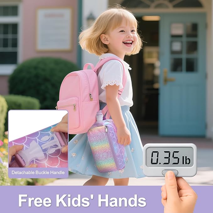 Bagseri Kids Snack Bag Girls - Small Reusable Mini Cooler Pouch, Insulated 3.9L Food Carrier with Buckle Handle for School and Daycare, Fits in Backpack, Glitter Mermaid Scale