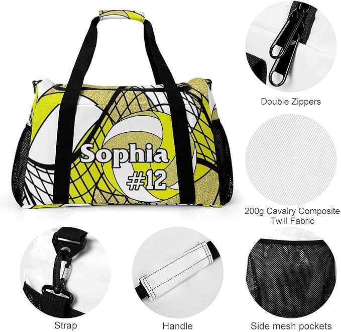 Custom Volleyball Yellow Gold Duffel Bag with Name Personalized Travel Bags Sport Gym Bag Carry On Weekender Bags for Men Women