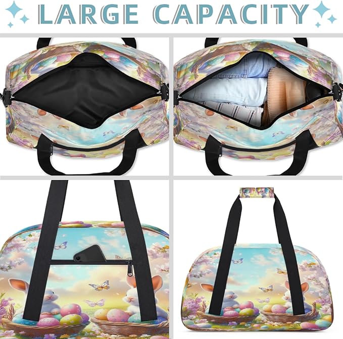 Kids Duffle Bag Girls Boys Spring Floral Easter Bunny Eggs Butterdly Weekender Overnight Bag,Lightweight Duffel Bags for Traveling Gym Sport Dance