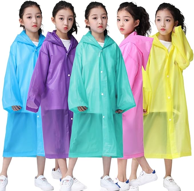 Kids Rain Poncho, Reusable EVA Children Raincoat for 6-13 Girls Boys, Waterproof Rain Jackets Rainwear with Hood