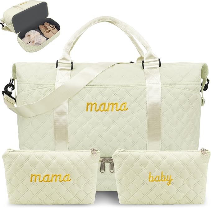 Mama Baby Pregnancy Hospital Bag Essentials for Women Labor Delivery Diaper Organizer with Shoe Compartment,2 Waterproof Toiletry Pouch Travel Duffle Bag for Mommy Weekender Overnight Gym Gifts,Beige