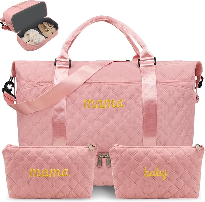 Mama Baby Pregnancy Hospital Bag Essentials for Women Labor Delivery Diaper Organizer with Shoe Compartment,2 Waterproof Toiletry Pouch Travel Duffle Bag for Mommy Weekender Overnight Gym Gifts,Pink