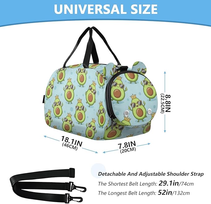 Cartoon Avocado Sunglasses Blue Pattern Kids Sports Duffle Bag for Boys Girls Toddler Weekender Overnight Bag with Shoe Compartment & Wet Pocket Kids Travel Bag for Travel Gym Sport Dance