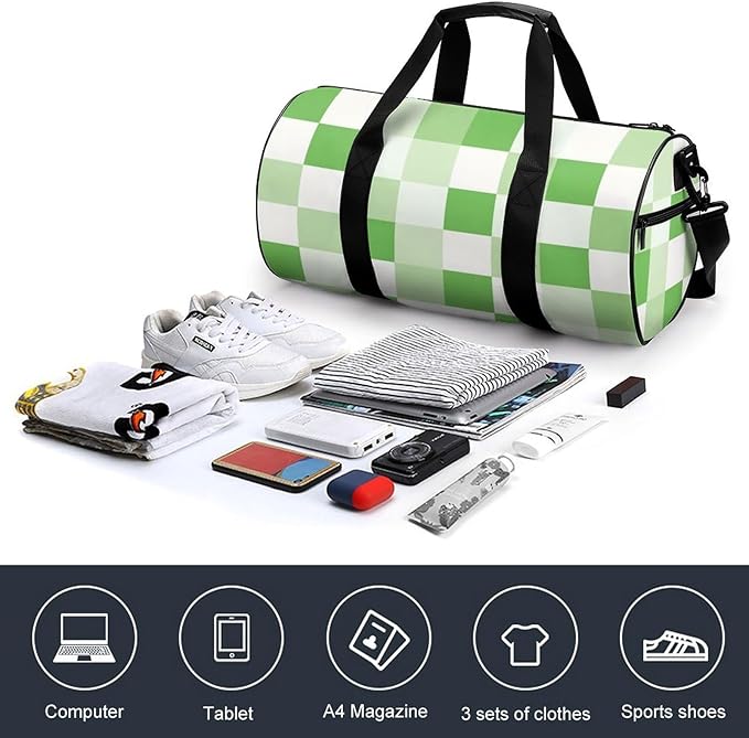 Foldable Gym Bag Green Plaid Checkered Lightweight Travel Sports Bag Carry On Weekender Overnight Bags Beach Yoga Bags