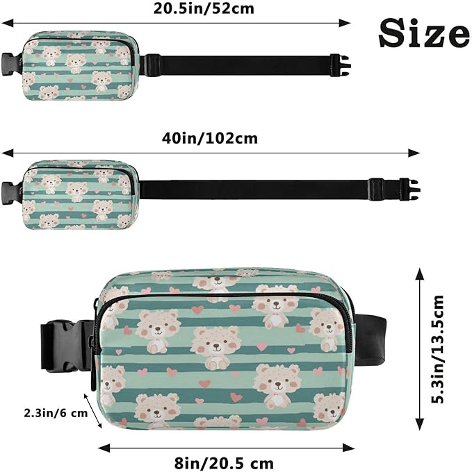 Kawaii Teddy Bears Green Stripe Fanny Pack for Women Men Water Resistant Fashion Waist Packs with Adjustable Strap Belt Bag for Travel Workout Jogging Hiking 21219329