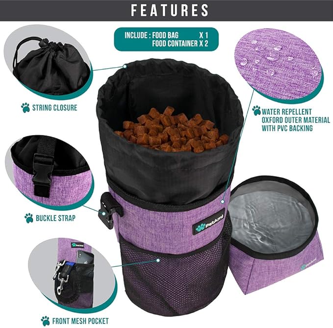 PetAmi Travel Dog Food & Water Bowls Set, Collapsible Dog Kibble Bag, Cat-Friendly, Foldable Waterproof Camping Bowls for Hiking, Purple & Gray