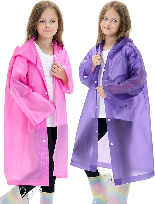2 Pack Reusable Waterproof Raincoat EVA Emergency Rain Ponchos One Size Rain Jacket for Children, Boys and Girls