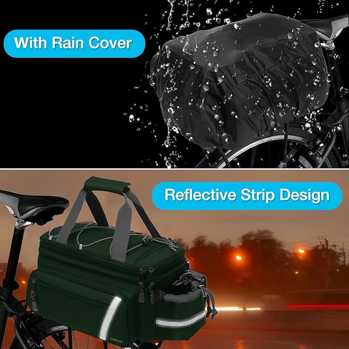 MOSISO Bike Rack Bag with Rain Cover, Bike Trunk Cooler Handag Insulated Bicycle Rear Seat Pouch with 2 Side Foldable Panniers, 8L Cycling Backseat Storage Cargo Saddle Shoulder Bag, Jungle Green