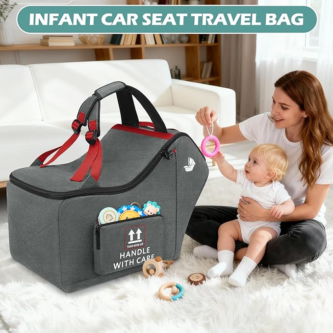 RAINSMORE Infant Car Seat Travel Bag for Airplane Compatible with All Nuna Pipa Car Seat and Base Chicco KeyFit 30 and Base Padded Car Seat Backpack for Travel Carseat Gate Check Bag with Side Pocket