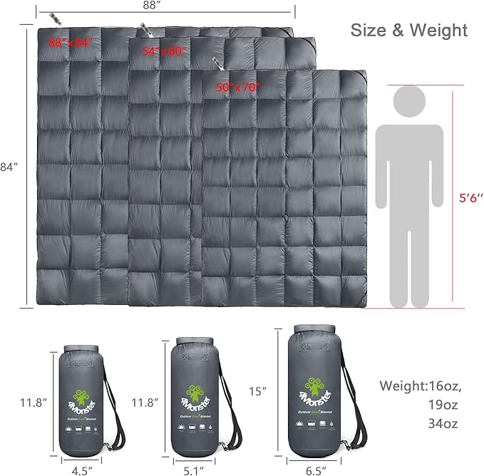 4Monster Down Camping Blanket - Outdoor Travel Quilt Puffy 650 Fill, Packable, Lightweight,Wind & Waterproof | Ideal for Stadium, Backpacking,Picnics, Beach and Hiking
