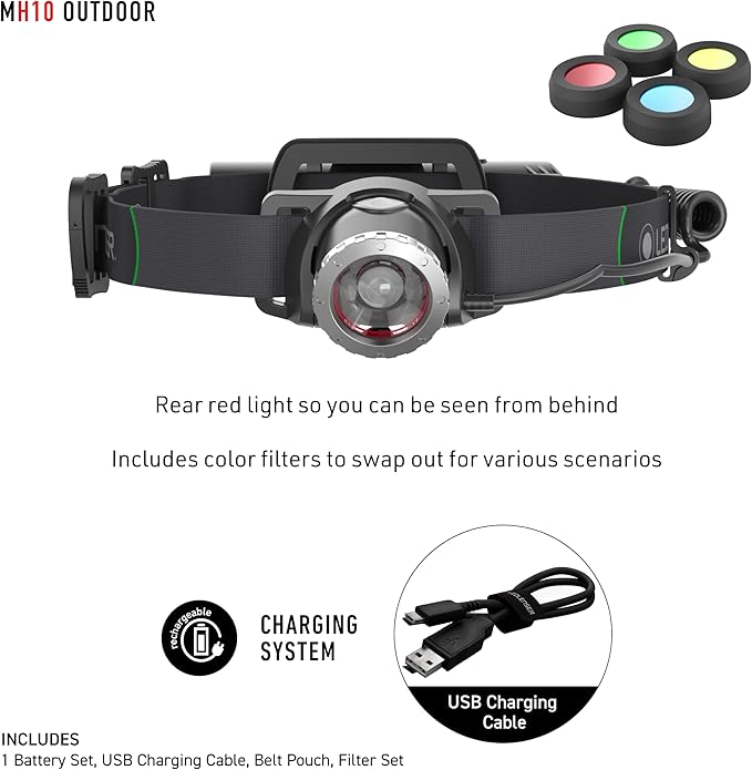 Ledlenser MH10 Rechargeable Headlamp - Black, 600 Lumens - High Weight-to-Lumen Ratio LED Headlamp - 120-Hour Runtime Rechargeable Headlight - Integrated Red Rear Visibility Hard Hat Light