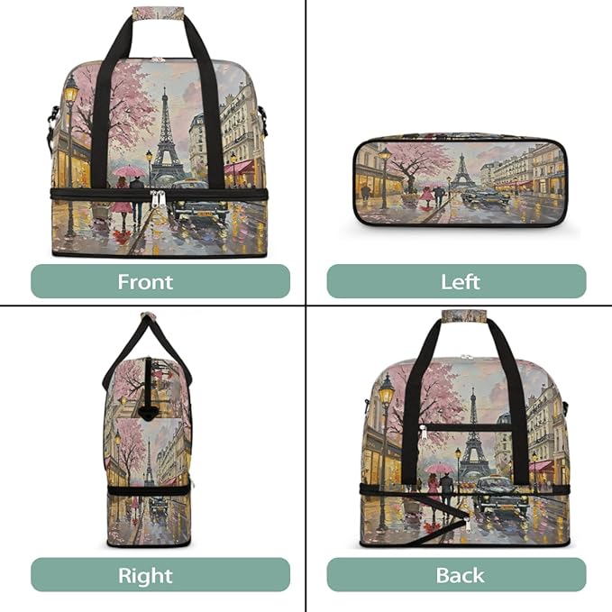 Foldable Travel Duffel Bag for Women - Carry on Personal Item Bag with Shoes Compartment, Weekender Overnight Duffle Bags Sport Tote Gym Luggage for Airplanes Traveling(Eiffel Tower)