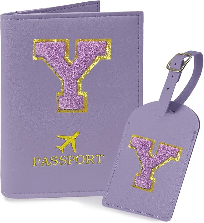 COSHAYSOO Initial Passport Cover Luggage Tag Set Letter Passport Holder Airplane Cruise Travel Essentials Vacation Traveling Accessories Personalized Gifts for Women Teen College Girls Purple Y