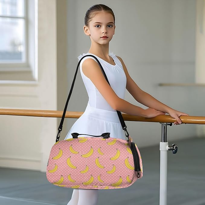 VIGTRO Bananas Polka Dots Pattern Kids Overnight Travel Duffel Bag Sport Gym Bag for Boys Girls with Shoe Compartment, Carry On Weekender Luggage Bag for Dance Swim Yoga