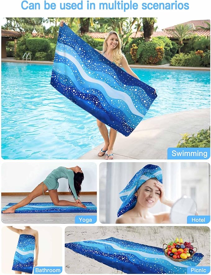 Blue Waves Stripes Beach Towel 35" x 71" White Polka Dots Abstract Watercolor Art Quick Dry Sand Free Pool Towels Soft & Absorbent Compact Towels Beach Accessories for Travel Bathroom Swimming Pool