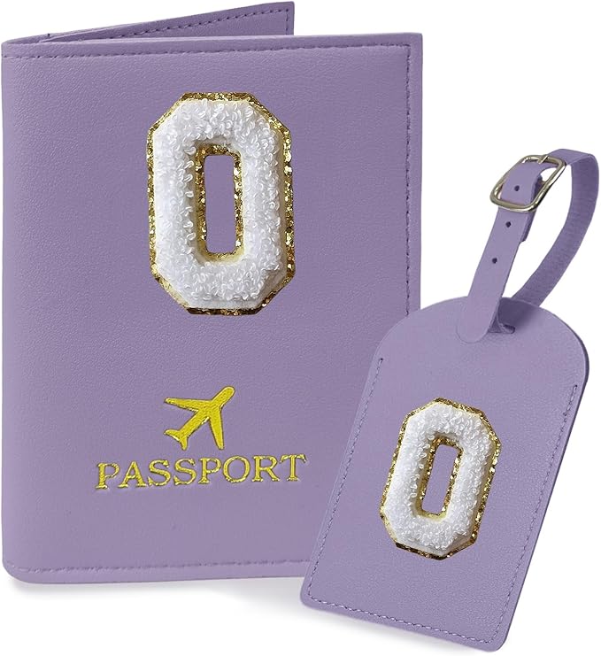 COSHAYSOO Purple Passport Cover and Luggage Tag Set TSA Approved with Her Initial Chenille Letter Patch, Trendy Traveling Bag Backpack Suitcase Identifier Christmas Gifts for Women Girls (O)