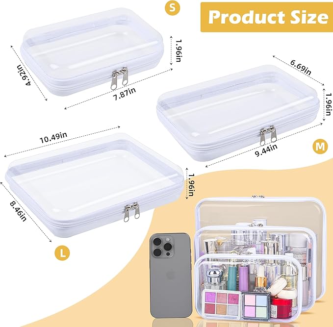Clear Hard Shell Zipper Case – Waterproof Makeup Organizer & Travel Toiletry Bag, Multi-Purpose Clear PVC Pouch for Cosmetics, Stationery, Diaper Bags, and Travel Essentials (M)