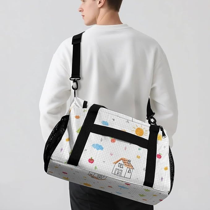 Cute Drawing Grid Paper Duffle Bag Gym Bag for Workout Travel Tote with Detachable Straps