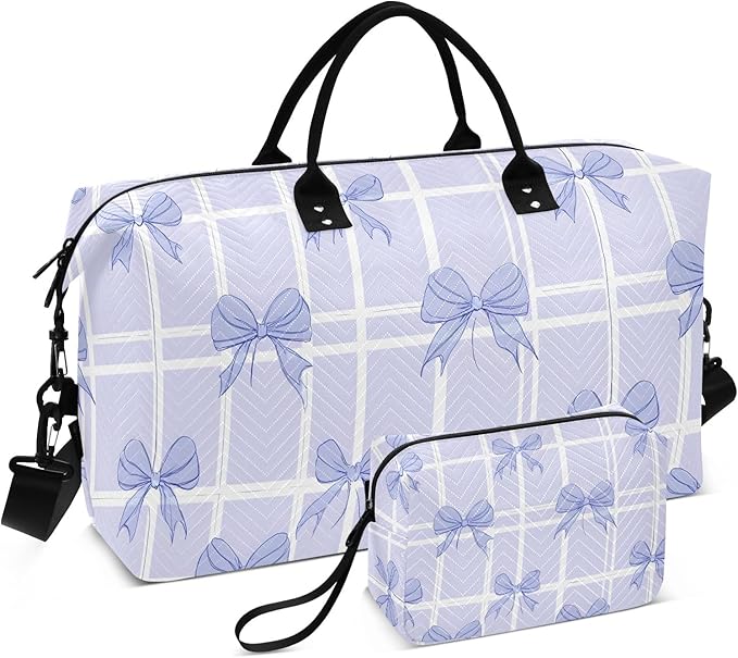 Travel Duffle Bag, Grid Background Purple Bow Pattern Gym Bag with Storage Bag Weekender Overnight Bag for Men Women Trip Sports Yoga