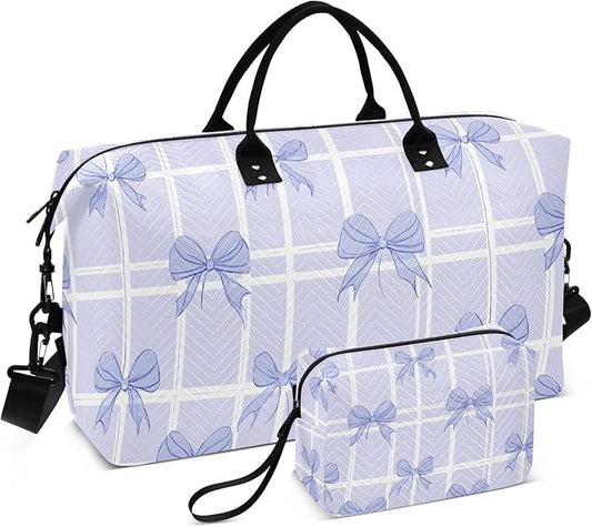 Travel Duffle Bag, Grid Background Purple Bow Pattern Gym Bag with Storage Bag Weekender Overnight Bag for Men Women Trip Sports Yoga