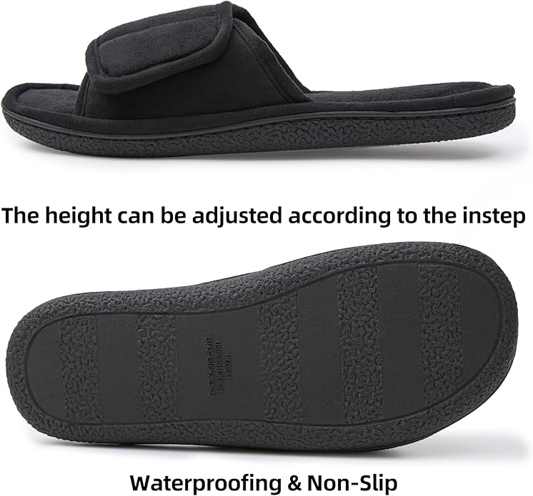 WALKFUN Men's Open Toe Slippers Adjustable Slip-on Memory Foam Indoor Slippers for Men Non Slip Outsole