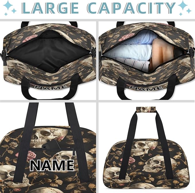 Skull Mini Gym Bag 18 inch for Women Men Waterproof Custom Vintage Floral Skull Gothic Travel Duffel Bag Carry On Overnight Tote Nurse Bag for Work Fitness Hiking