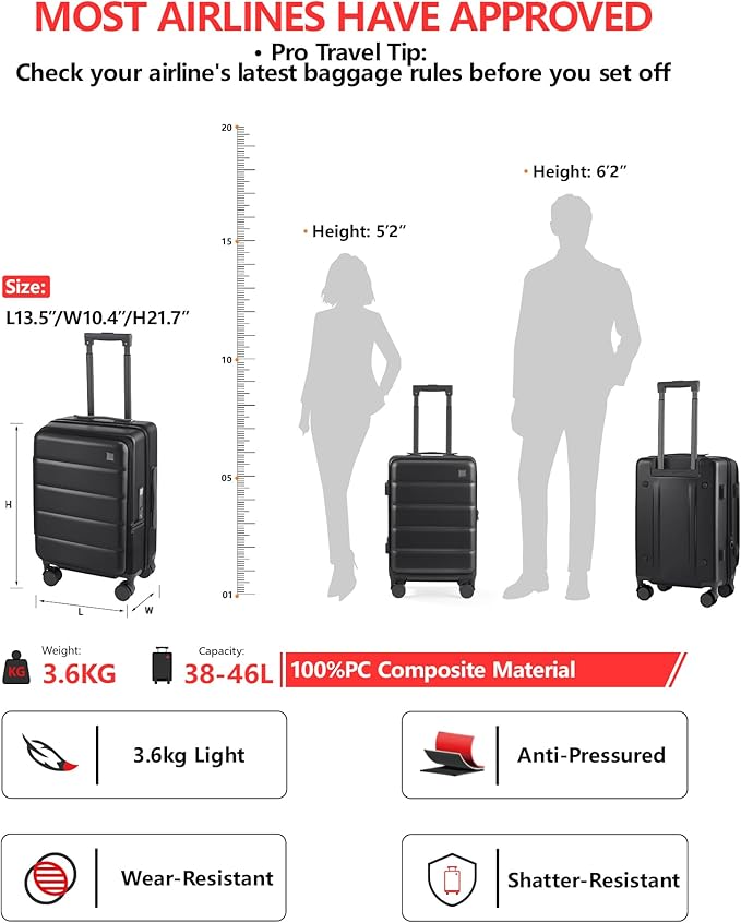 Expandable 20Inch Carry On Luggage Airline Approved - Top Opening Hardside Travel Suitcase Unbreakable -with Cup Holder,USB Charge,Side Pothook, 360°Spinner Wheels, TSA Lock-Black