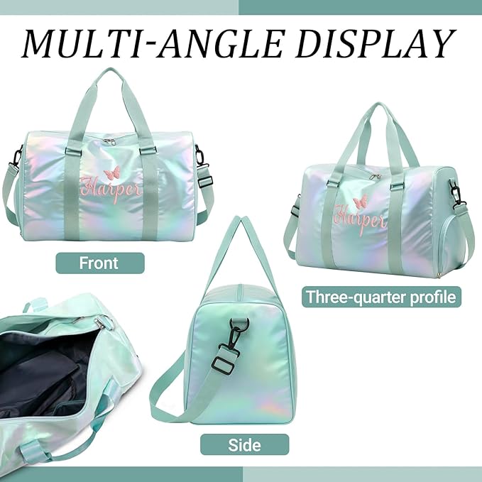 Personalized Dance Duffle Bag for Girls with Embroidered Name Custom Travel Duffle Sport Gym Bag for Women Cheerleading Weekender Overnight Luggage Bag with Shoe Compartment Customized Gifts Green