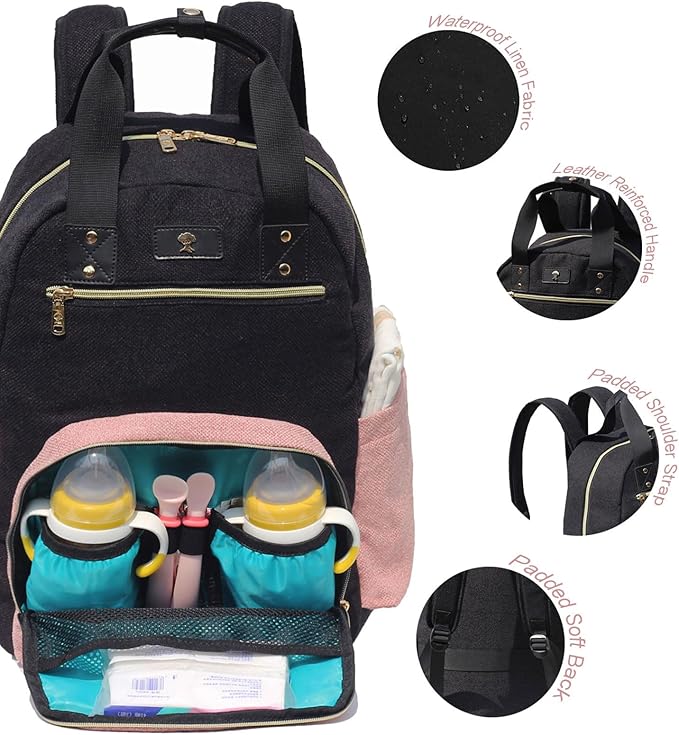 Diaper Bag Backpack, Large Capacity Multifunction Baby Essentials Fashion Travel Pack Linen Canvas office Laptop Bag (Linen Pink)