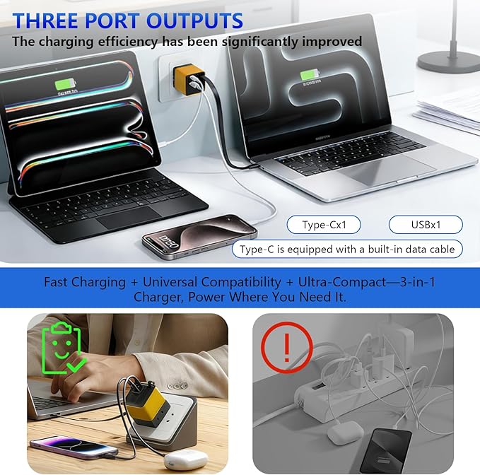 80W USB-C Retractable Fast Charger, PD Wall Charger with Built-in Retractable USB-C Cable, Portable Power Adapter for iPhone 17 Pro Max/16/15, Samsung, iPad, MacBook Air & USB-C Devices (Yellow, 10)