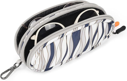 Double Eyeglasses Case Soft Portable Zipper Sunglasses Pouch with Keychain Clip for Men Women