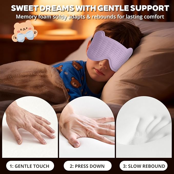 3D Kids Sleep Mask – Cute Bear Eye Mask for Sleeping, Comfortable Memory Foam Sleep Mask for Kids, Adjustable Strap and Lightweight Sleeping Mask for Boys Girls Teens Ages 5-15 (Purple)