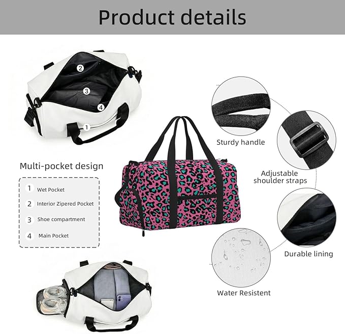 Rose Red Leopard Print Sports Gym Bag For Men Women Travel Duffel Bag With Shoe Compartment Water Resistant Gym Bag Carry On Duffel Bag For Yoga Gym Sports Weekend Traveling