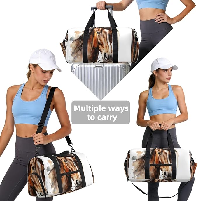 Sports Gym Bag Watercolor Horse Art Painting Travel Duffel Bag With Shoe Compartment Shoulder Strap, Lightweight Water-Resistant Weekend Overnight Totes For Women Men