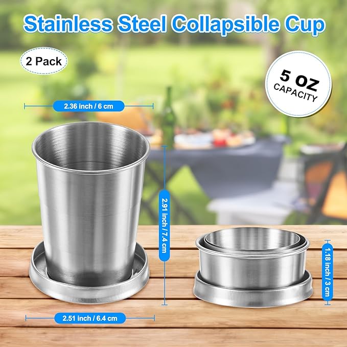 2 Pack Stainless Steel Collapsible Travel Cup, 5oz(150ml) Reusable Collapsible Metal Cup Portable Foldable Water Bottle with Lid and Keychain for Travel/Camping/Hiking