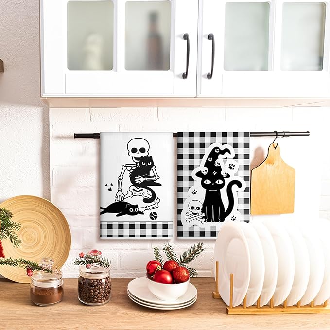 Bencailor 6 Pcs Skull Kitchen Towels Cute Black Cat Skeleton Dish Hand Towels Skull Tea Washcloth for Bathroom Kitchen Gothic Horror Decor Gifts 24 x 16''