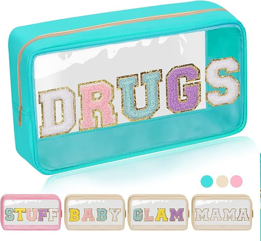 Iqimott Clear Patch Makeup Bag Drugs Pouch, Preppy Personalized Chenille Letter Cosmetic Pouch for Travel, Nylon Waterproof Organizer Travel Essentials Zipper Toiletry Bags for Women Girls(Green)