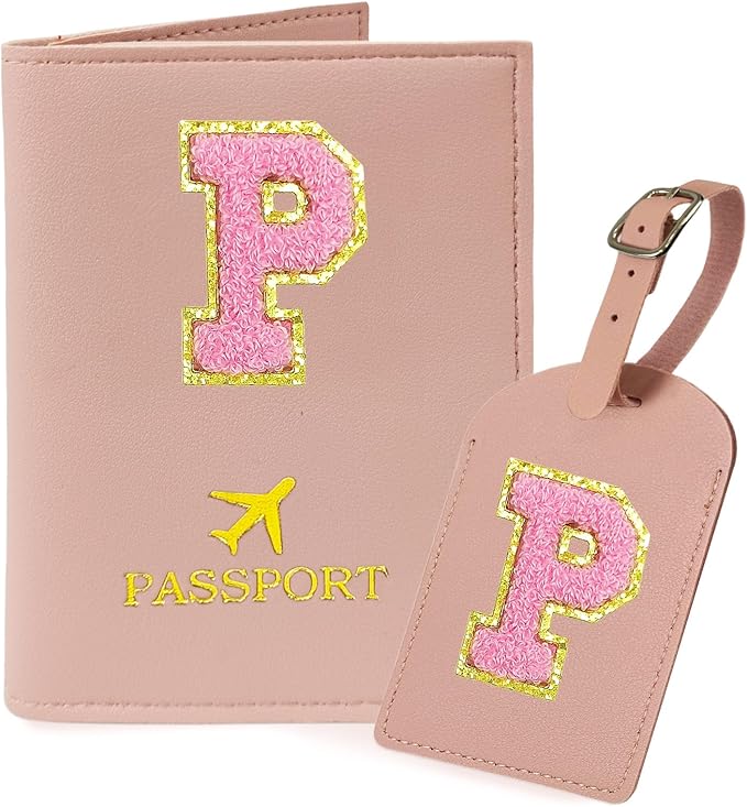 COSHAYSOO Initial Passport Cover Luggage Tag Set Letter Passport Holder Airplane Cruise Travel Essentials Vacation Traveling Accessories Personalized Gifts for Women Teen College Girls Pink P